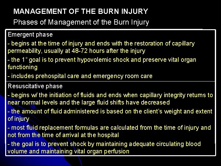 MANAGEMENT OF THE BURN INJURY Phases of Management of the Burn Injury Emergent phase