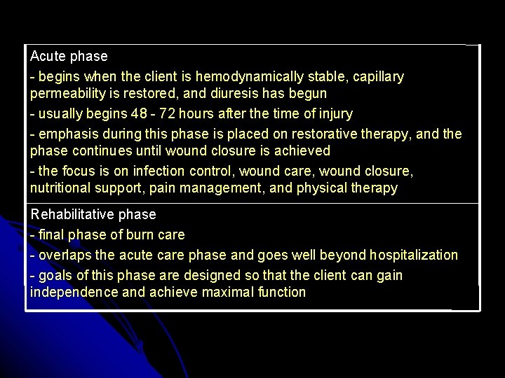 Acute phase - begins when the client is hemodynamically stable, capillary permeability is restored,