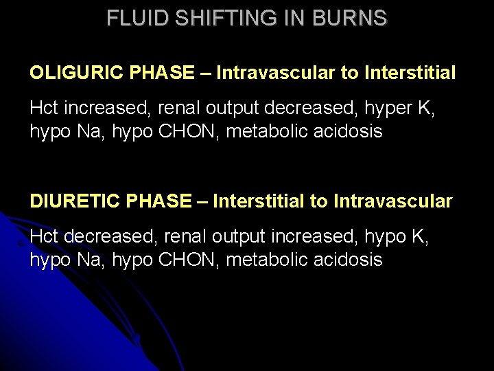 FLUID SHIFTING IN BURNS OLIGURIC PHASE – Intravascular to Interstitial Hct increased, renal output