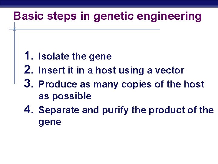 Basic steps in genetic engineering 1. Isolate the gene 2. Insert it in a