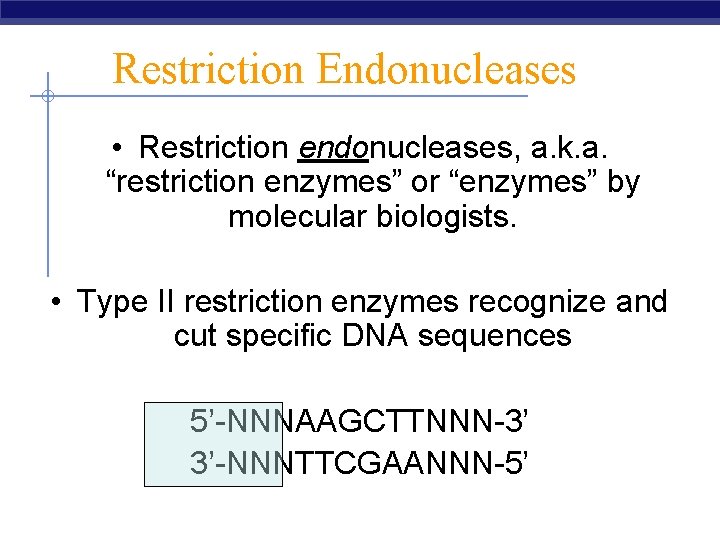 Restriction Endonucleases • Restriction endonucleases, a. k. a. “restriction enzymes” or “enzymes” by molecular