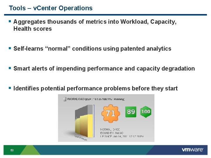 Tools – v. Center Operations Slide 50 § Aggregates thousands of metrics into Workload,