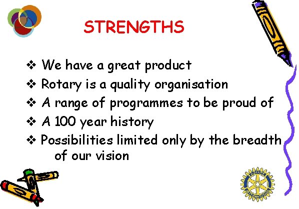 STRENGTHS v We have a great product v Rotary is a quality organisation v