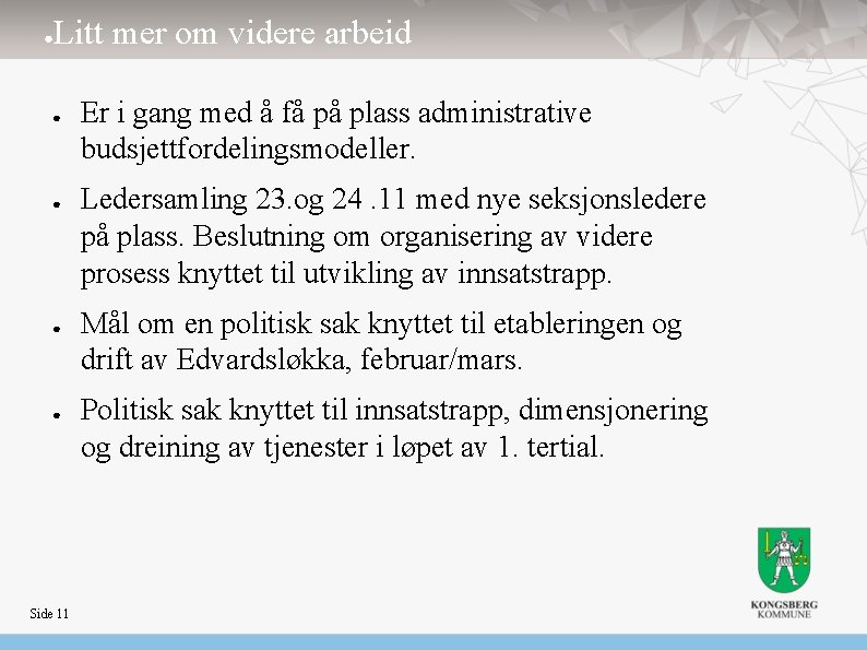 ● Litt mer om videre arbeid ● ● Side 11 Er i gang med