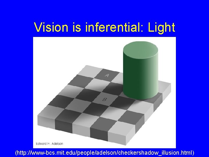 Vision is inferential: Light (http: //www-bcs. mit. edu/people/adelson/checkershadow_illusion. html) 