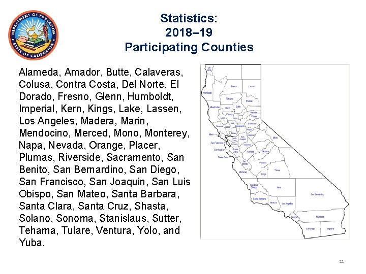 Statistics: 2018– 19 Participating Counties Alameda, Amador, Butte, Calaveras, Colusa, Contra Costa, Del Norte,