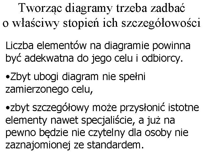Tworząc diagramy trzeba zadbać o właściwy stopień ich szczegółowości Liczba elementów na diagramie powinna