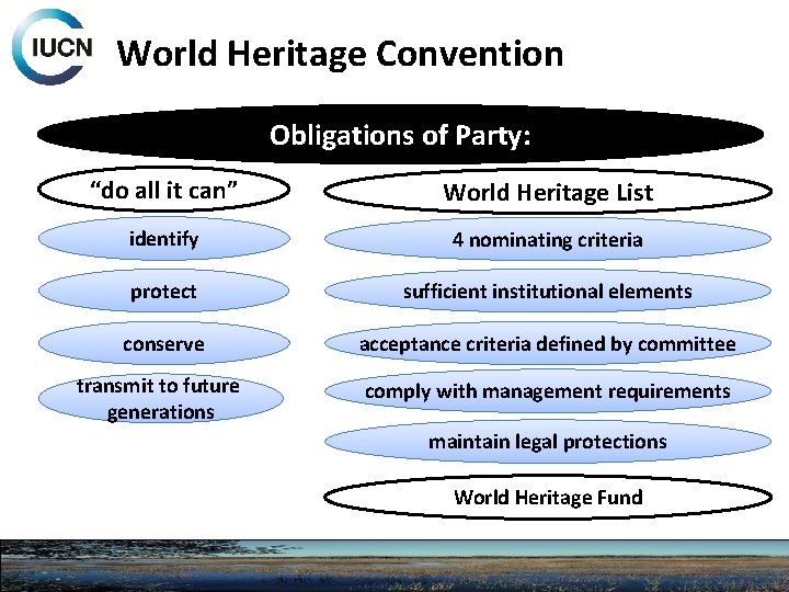 World Heritage Convention Obligations of Party: “do all it can” World Heritage List identify