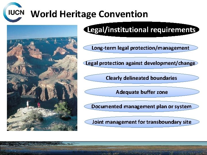 World Heritage Convention Legal/institutional requirements Long-term legal protection/management Legal protection against development/change Clearly delineated