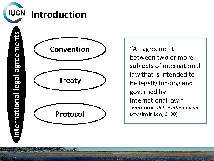 international legal agreements Introduction Convention Treaty Protocol “An agreement between two or more subjects