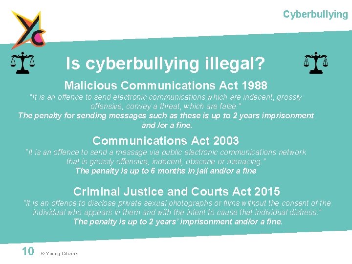 Cyberbullying Is cyberbullying illegal? Malicious Communications Act 1988 “It is an offence to send