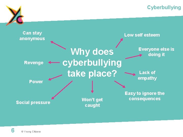 Cyberbullying Can stay anonymous Revenge Low self esteem Why does cyberbullying take place? Power