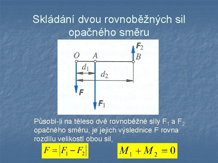 Skládání dvou rovnoběžných sil opačného směru Působí-li na těleso dvě rovnoběžné síly F 1