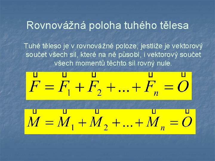 Rovnovážná poloha tuhého tělesa Tuhé těleso je v rovnovážné poloze, jestliže je vektorový součet