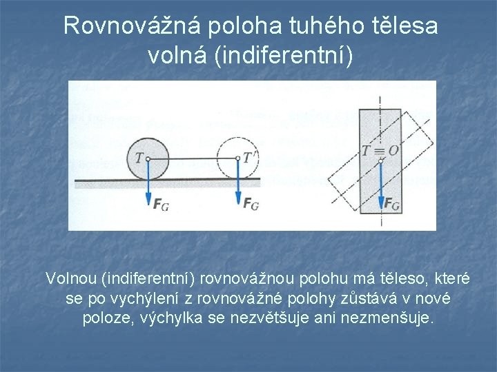 Rovnovážná poloha tuhého tělesa volná (indiferentní) Volnou (indiferentní) rovnovážnou polohu má těleso, které se