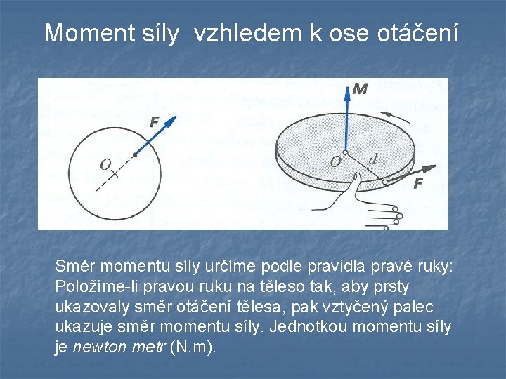 Moment síly vzhledem k ose otáčení Směr momentu síly určíme podle pravidla pravé ruky: