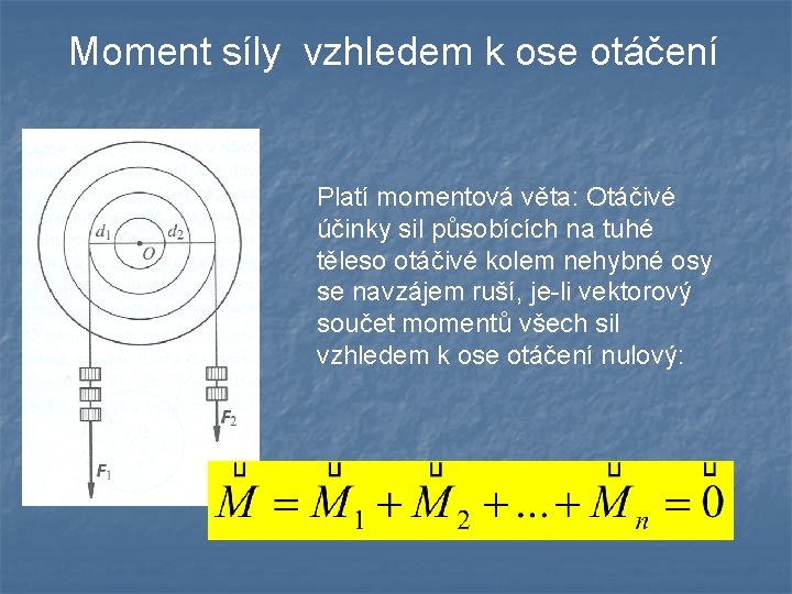 Moment síly vzhledem k ose otáčení Platí momentová věta: Otáčivé účinky sil působících na