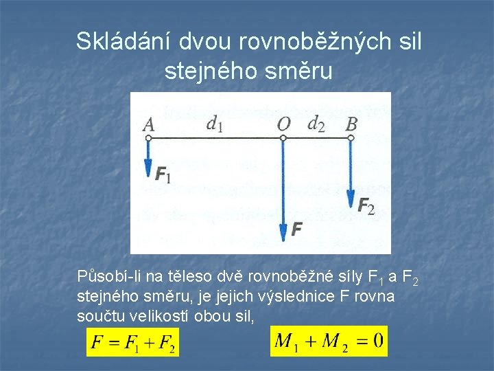 Skládání dvou rovnoběžných sil stejného směru Působí-li na těleso dvě rovnoběžné síly F 1