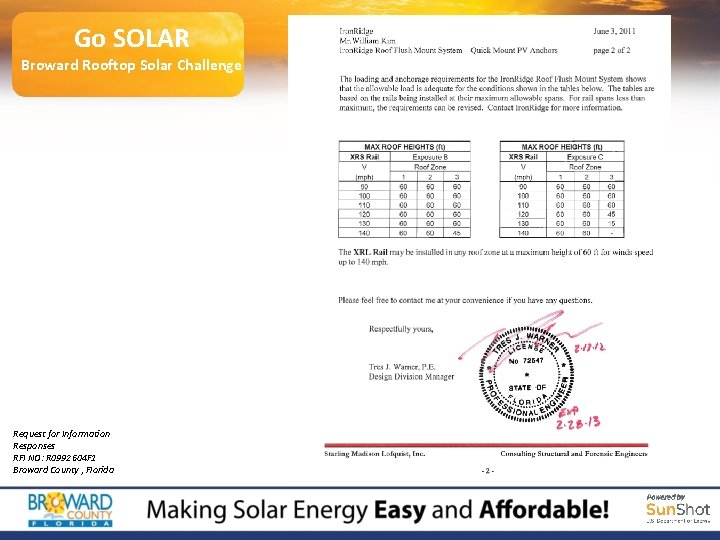 Go SOLAR Broward Rooftop Solar Challenge Request for Information Responses RFI NO: R 0992604