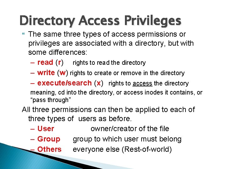 Directory Access Privileges The same three types of access permissions or privileges are associated