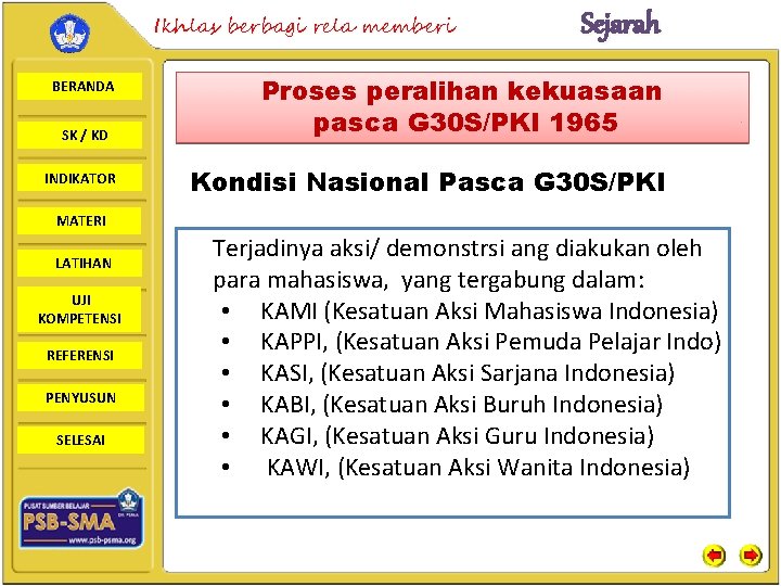 Ikhlas berbagi rela memberi BERANDA SK / KD INDIKATOR Sejarah Proses peralihan kekuasaan pasca