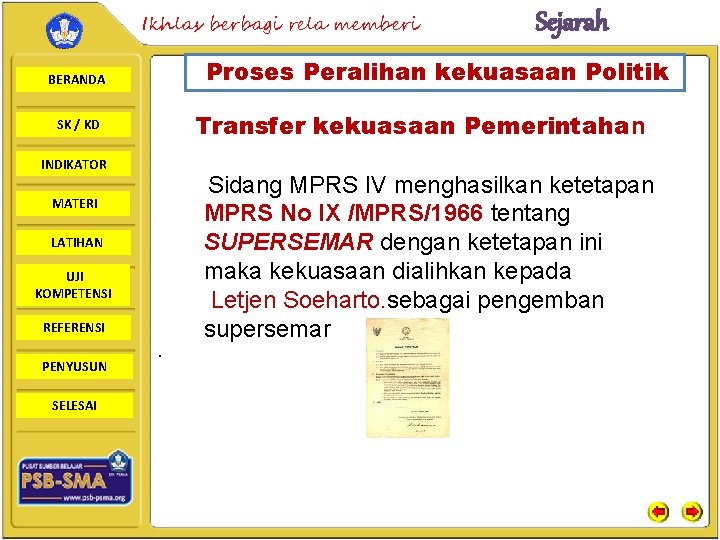 Ikhlas berbagi rela memberi Proses Peralihan kekuasaan Politik BERANDA Transfer kekuasaan Pemerintahan SK /