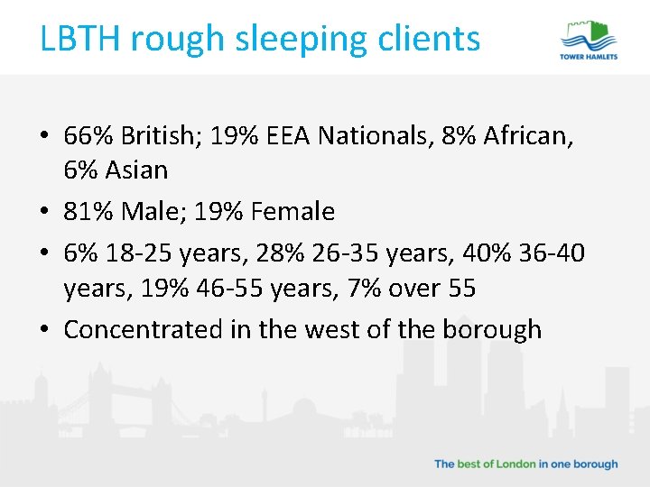 LBTH rough sleeping clients • 66% British; 19% EEA Nationals, 8% African, 6% Asian