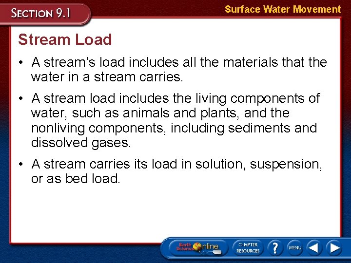 Surface Water Movement Stream Load • A stream’s load includes all the materials that