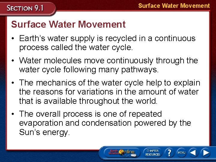 Surface Water Movement • Earth’s water supply is recycled in a continuous process called