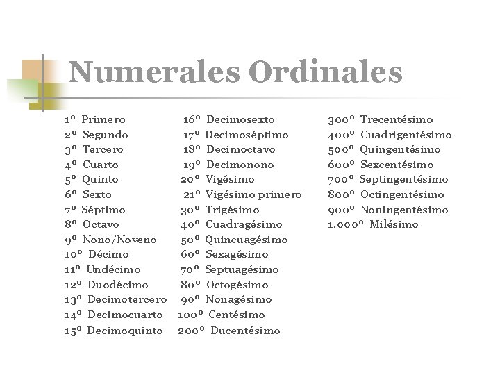 Numerales Ordinales 1º Primero 2º Segundo 3º Tercero 4º Cuarto 5º Quinto 6º Sexto