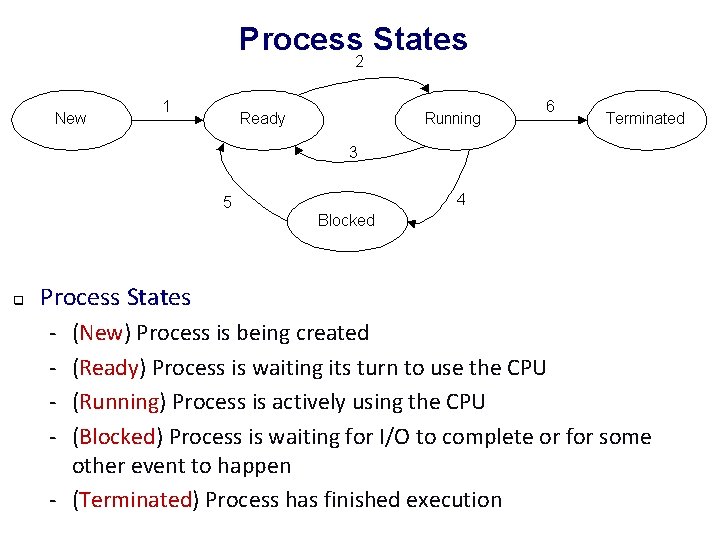 Process States q Process States - (New) Process is being created (Ready) Process is