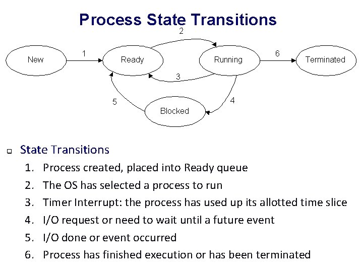 Process State Transitions q State Transitions 1. 2. 3. 4. 5. 6. Process created,