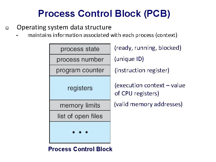 Process Control Block (PCB) q Operating system data structure - maintains information associated with