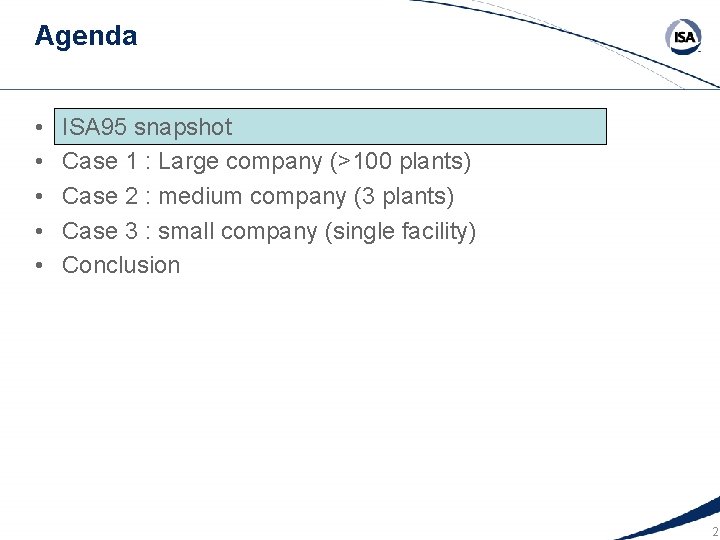 Agenda • • • ISA 95 snapshot Case 1 : Large company (>100 plants)