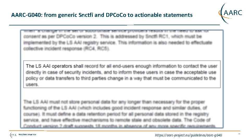 AARC-G 040: from generic Snctfi and DPCo. Co to actionable statements http: //aarc-project. eu