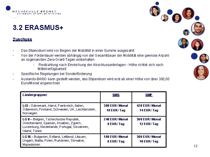 3. 2 ERASMUS+ Zuschuss - - Das Stipendium wird vor Beginn der Mobilität in