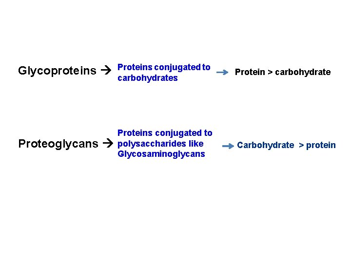 Glycoproteins Proteins conjugated to carbohydrates Protein > carbohydrate Proteoglycans Proteins conjugated to polysaccharides like