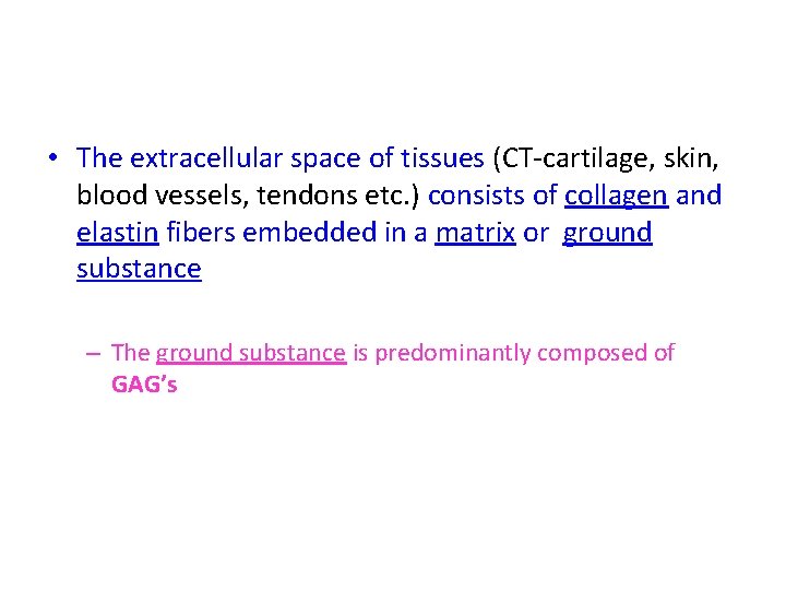  • The extracellular space of tissues (CT-cartilage, skin, blood vessels, tendons etc. )