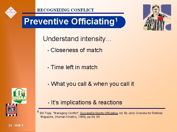 RECOGNIZING CONFLICT Preventive Officiating 1 Understand intensity… • Closeness of match • Time left