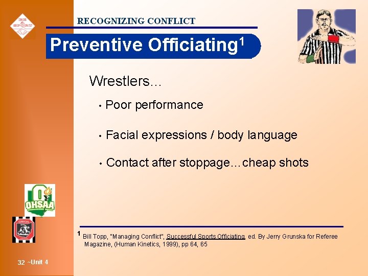 RECOGNIZING CONFLICT Preventive Officiating 1 Wrestlers… • Poor performance • Facial expressions / body