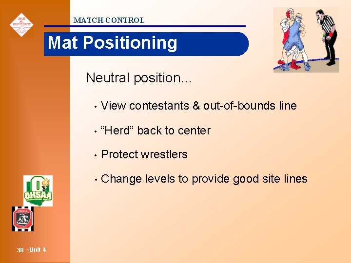 MATCH CONTROL Mat Positioning Neutral position… 38 ~Unit 4 • View contestants & out-of-bounds
