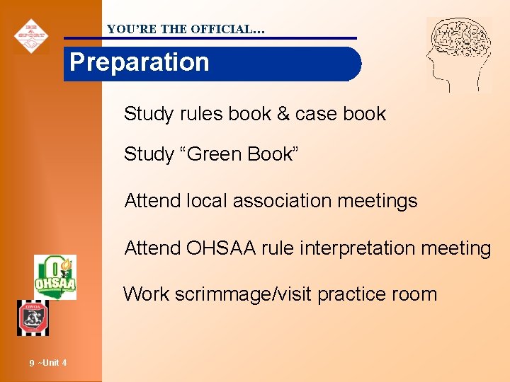 YOU’RE THE OFFICIAL… Preparation Study rules book & case book Study “Green Book” Attend