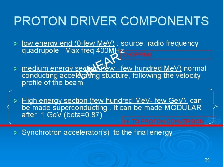 PROTON DRIVER COMPONENTS Ø low energy end (0 -few Me. V) : source, radio