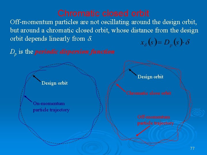 Chromatic closed orbit Off-momentum particles are not oscillating around the design orbit, but around