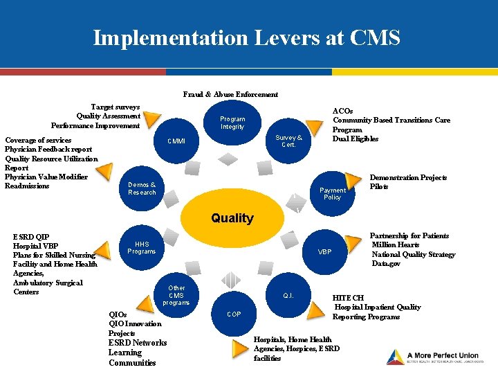 Implementation Levers at CMS Fraud & Abuse Enforcement Target surveys Quality Assessment Performance Improvement