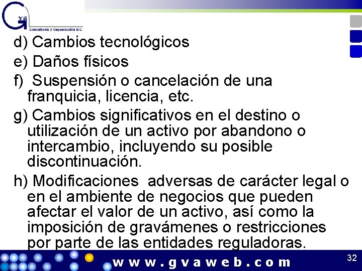 d) Cambios tecnológicos e) Daños físicos f) Suspensión o cancelación de una franquicia, licencia,