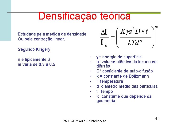 Densificação teórica Estudada pela medida da densidade Ou pela contração linear. Segundo Kingery n