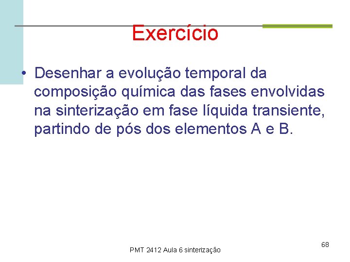 Exercício • Desenhar a evolução temporal da composição química das fases envolvidas na sinterização