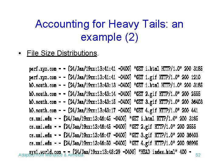 Accounting for Heavy Tails: an example (2) • File Size Distributions. Adapted from Menascé