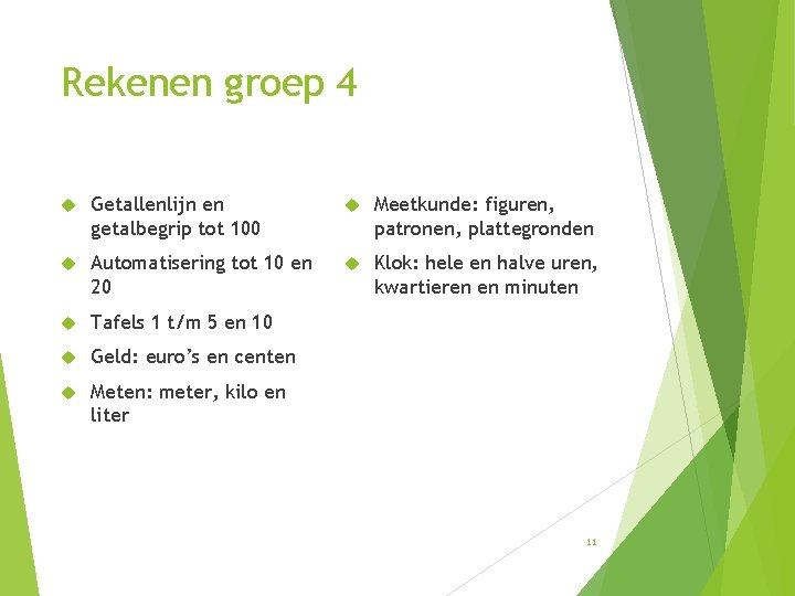 Rekenen groep 4 Getallenlijn en getalbegrip tot 100 Meetkunde: figuren, patronen, plattegronden Automatisering tot